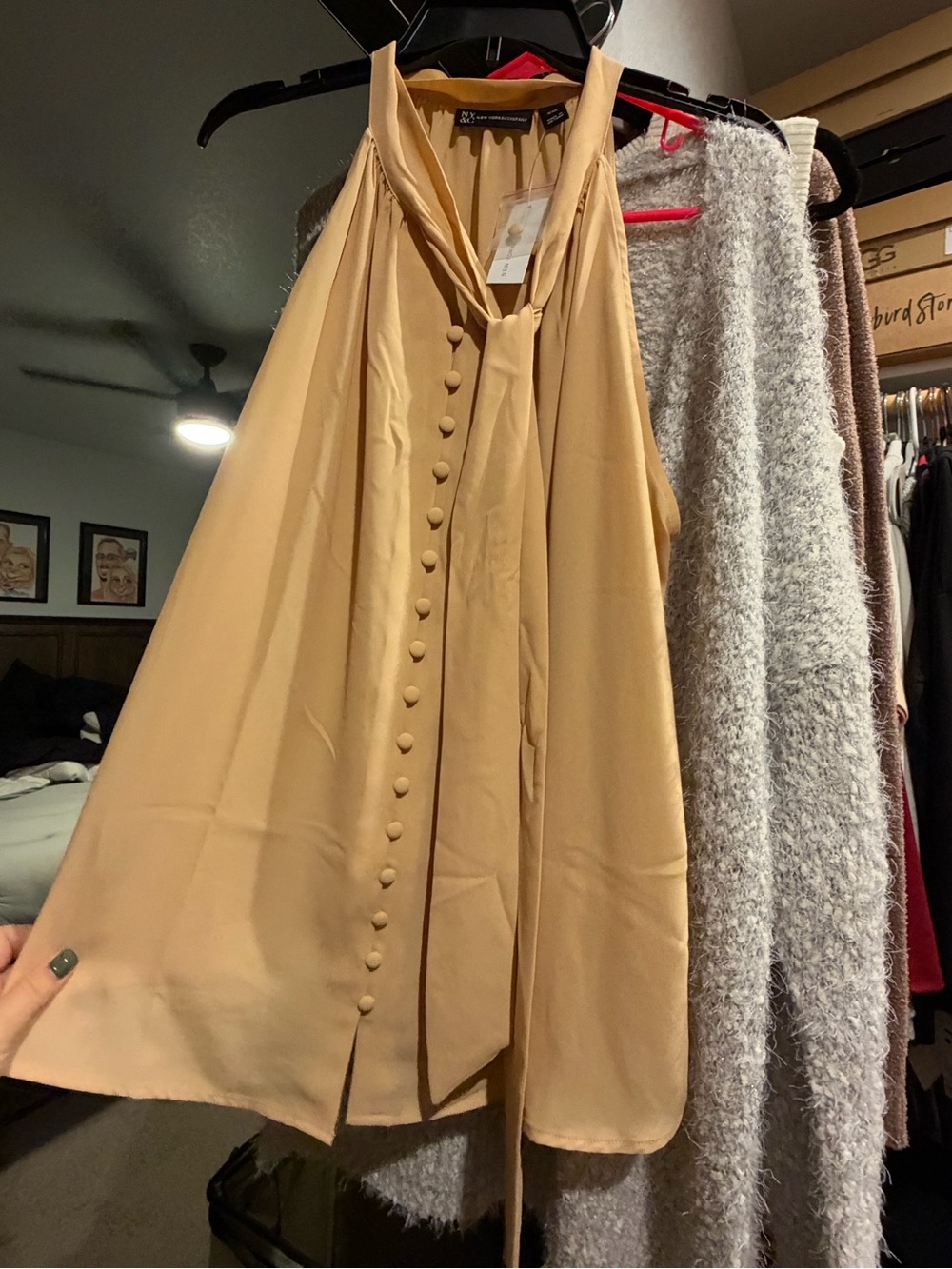New York & Company Camel Tie-Neck Sleeveless Blouse